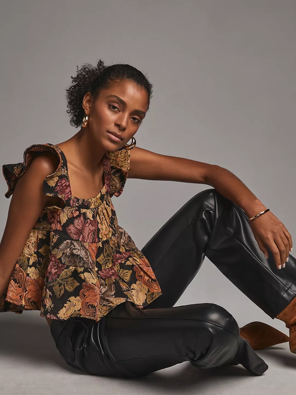 En Saison Floral Ruffle Peplum Camisole - Black Multi